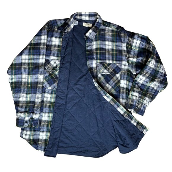 L.L. Bean Mens Large Quilted Flannel Shirt Blue Green Plaid Lined Button Down - Picture 1 of 11